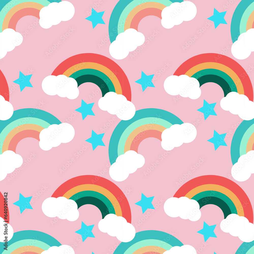 Colorful rainbow with clouds and stars on a blue background, repeating continuous pattern Colorful rainbow with clouds and stars on a blue background, repeating continuous pattern