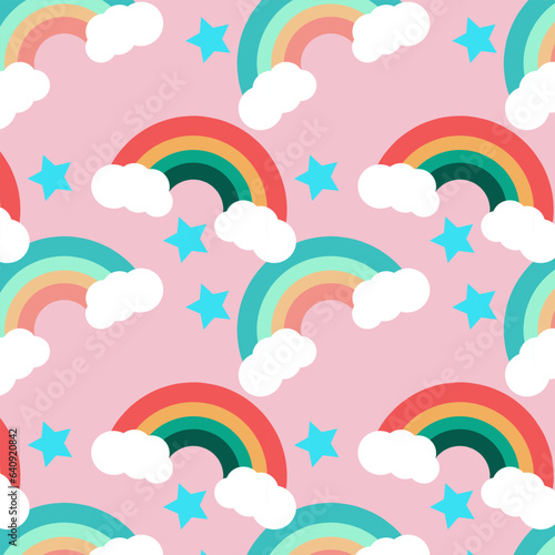 Colorful rainbow with clouds and stars on a blue background, repeating continuous pattern