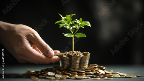 Wallpaper Mural A hand delicately places coins onto a growing stack, intertwined with flourishing plants, all set against a vibrant green backdrop. This visual encapsulates the concept of investing in bonds, specific Torontodigital.ca