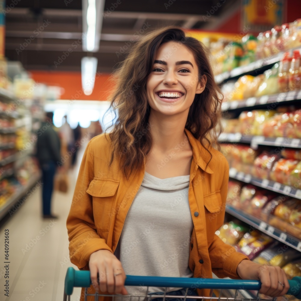 Young woman smiling happy face shopping at a supermarket