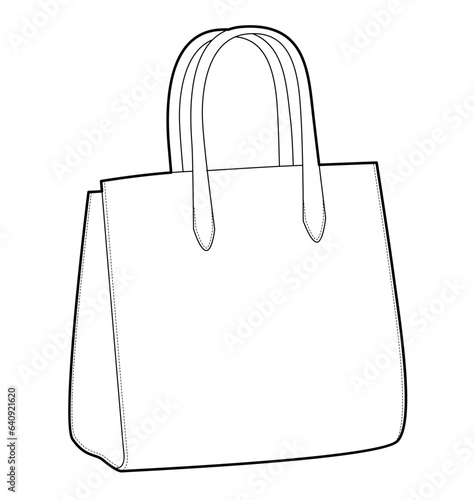 Tote silhouette bag. Fashion accessory technical illustration. Vector satchel front 3-4 view for Men, women, unisex style, flat handbag CAD mockup sketch outline isolated