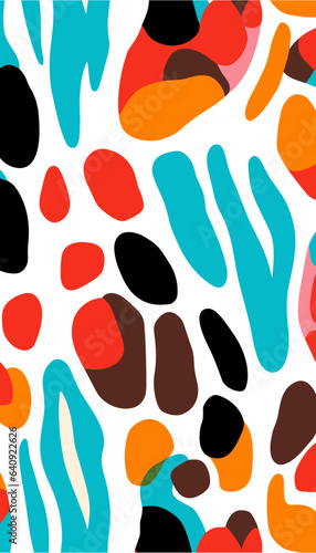 Retro-inspired animal print with seamless patterns and vibrant, colorful shapes. Hand-drawn in a vector style reminiscent of the 60s and 70s.