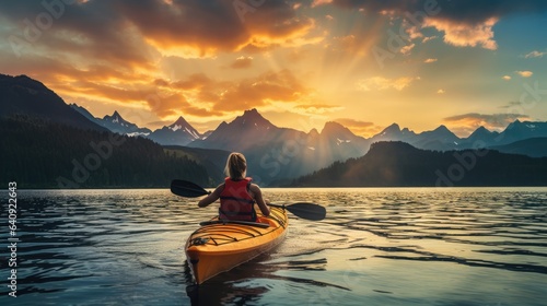 Woman kayaking in crystal clear mountain lake at sunset. Generative AI