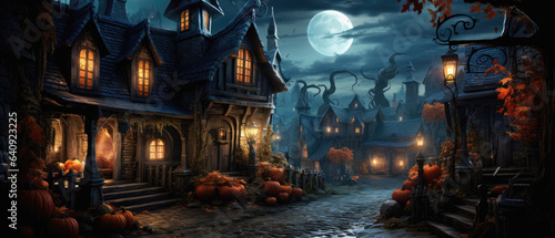 Halloween spooky background, scary jack o lantern pumpkins in creepy dark Happy Haloween ghosts horror mysterious night village street garden with old haunted house mystic backdrop. © Synthetica