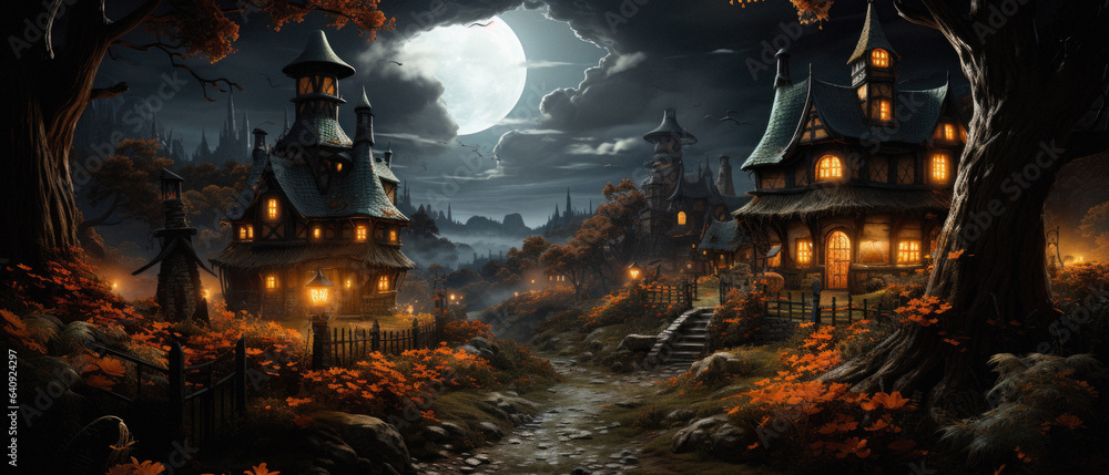 Halloween spooky background, scary jack o lantern pumpkins in creepy dark Happy Haloween ghosts horror mysterious night village street garden with old haunted house mystic backdrop. Halloween spooky background, scary jack o lantern pumpkins in creepy dark Happy Haloween ghosts horror mysterious night village street garden with old haunted house mystic backdrop.