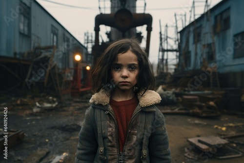 7 year old mixed race girl in dystopian town | Generative AI