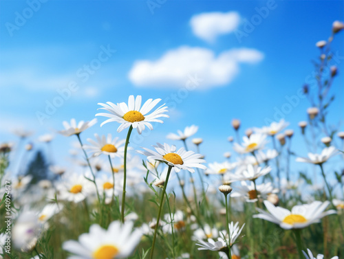 Field of daisies, blue sky with fluffy clouds. Summertime © sinseeho