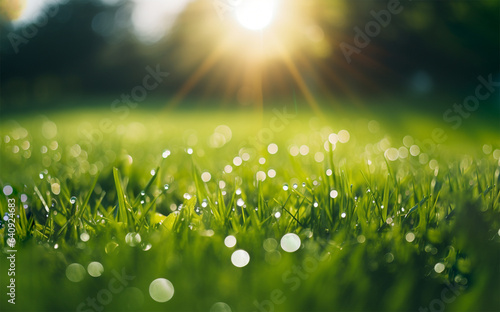 Green grass on meadow with sunrise at the background. Fresh air, beautiful nature concept