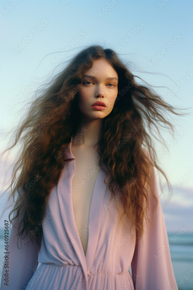 portrait of a woman/model with long brown hair in pastel sunset setting in a fashion/beauty editorial advertisement magazine style film photography look hair dye - generative ai art portrait of a woman/model with long brown hair in pastel sunset setting in a fashion/beauty editorial advertisement magazine style film photography look hair dye - generative ai art