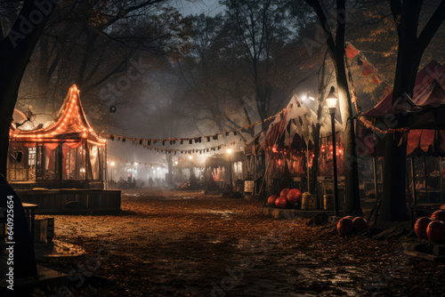 Spooky empty fair or amusement park in autumn on Halloween night