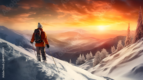 Capturing the Serenity of Nature: A Lone Hiker Amidst the Majestic Mountains, Basking in the Warm Glow of a Mesmerizing Sunset, generative ai  © Marc