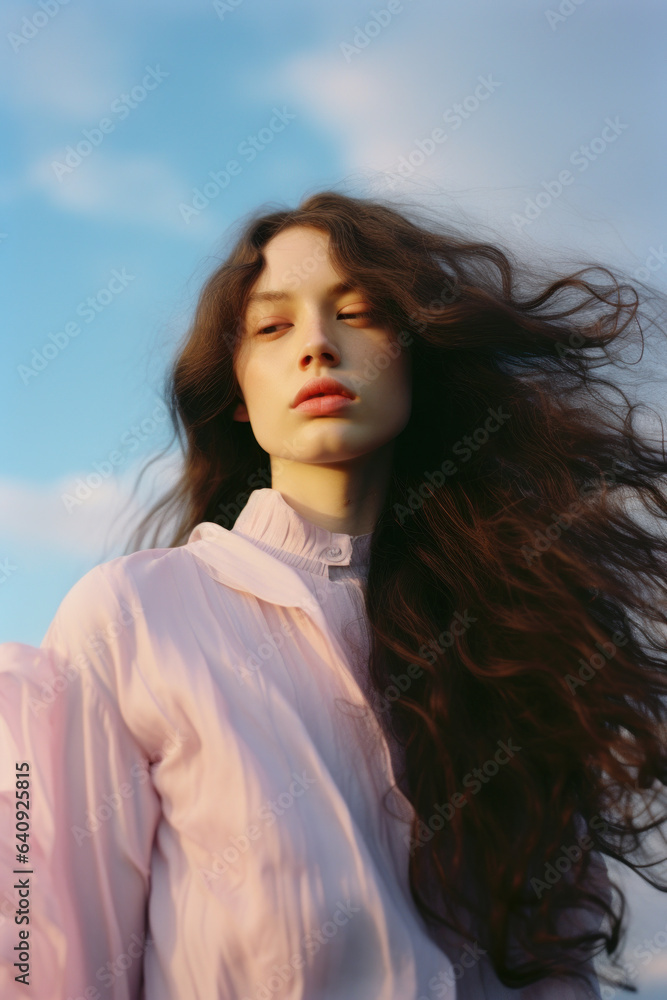 portrait of a woman/model with long brown hair in pastel sunset setting in a fashion/beauty editorial advertisement magazine style film photography look hair dye - generative ai art