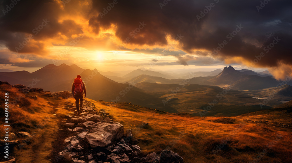 Capturing the Serenity of Nature: A Lone Hiker Amidst the Majestic Mountains, Basking in the Warm Glow of a Mesmerizing Sunset, generative ai 