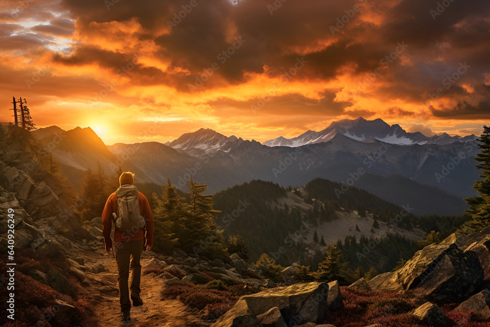Obraz premium Capturing the Serenity of Nature: A Lone Hiker Amidst the Majestic Mountains, Basking in the Warm Glow of a Mesmerizing Sunset, generative ai 