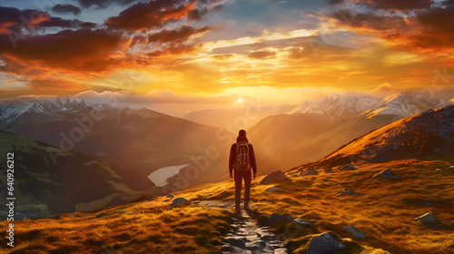 Capturing the Serenity of Nature: A Lone Hiker Amidst the Majestic Mountains, Basking in the Warm Glow of a Mesmerizing Sunset, generative ai 