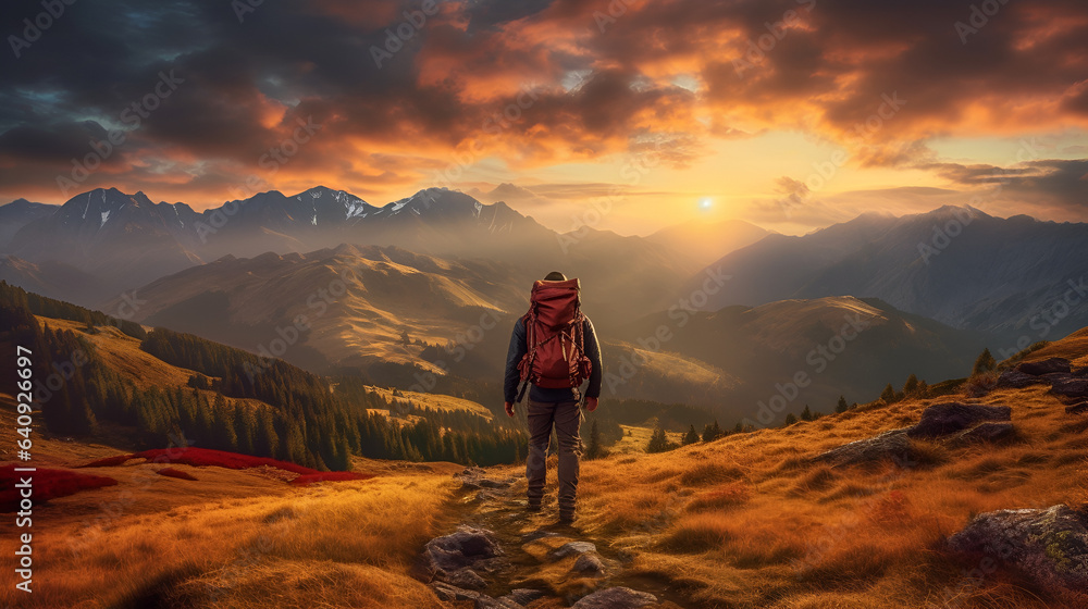 Capturing the Serenity of Nature: A Lone Hiker Amidst the Majestic Mountains, Basking in the Warm Glow of a Mesmerizing Sunset, generative ai Capturing the Serenity of Nature: A Lone Hiker Amidst the Majestic Mountains, Basking in the Warm Glow of a Mesmerizing Sunset, generative ai