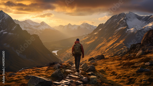 Capturing the Serenity of Nature: A Lone Hiker Amidst the Majestic Mountains, Basking in the Warm Glow of a Mesmerizing Sunset, generative ai 