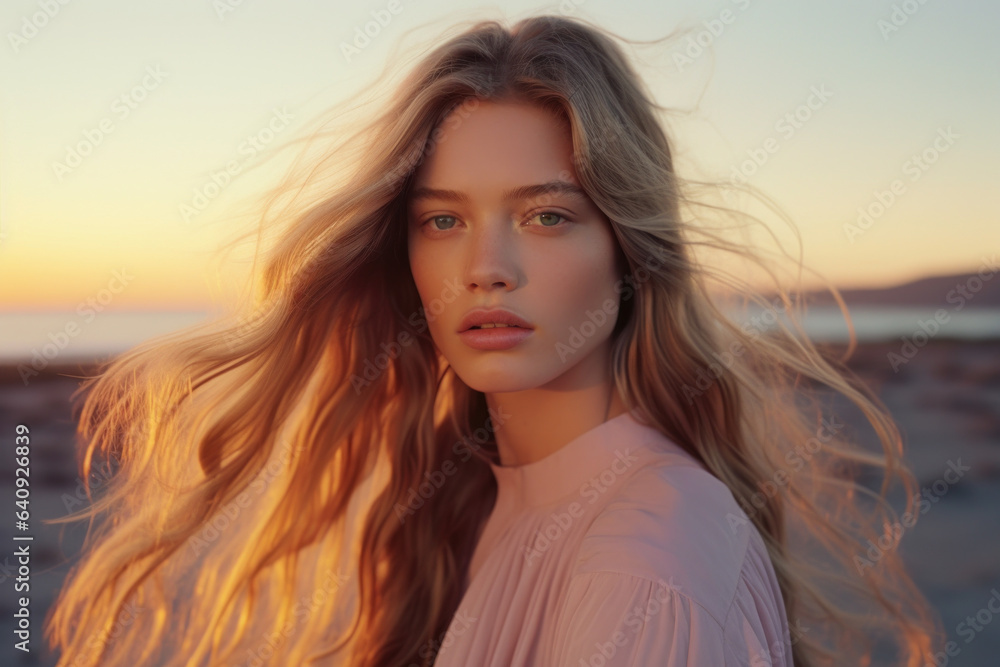 portrait of a woman/model with long pastel blonde hair in sunset setting in a fashion/beauty editorial advertisement magazine style film photography look hair dye - generative ai art