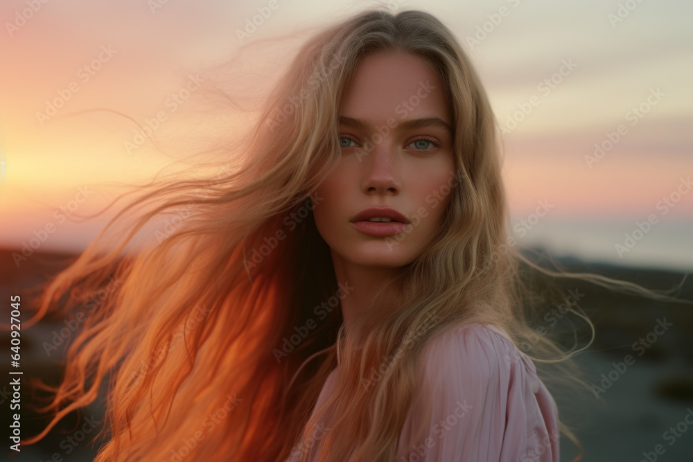 portrait of a woman/model with long pastel blonde hair in sunset setting in a fashion/beauty editorial advertisement magazine style film photography look hair dye - generative ai art portrait of a woman/model with long pastel blonde hair in sunset setting in a fashion/beauty editorial advertisement magazine style film photography look hair dye - generative ai art