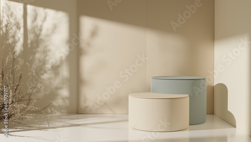 Wallpaper Mural Beige empty podium or pedestal for product presentation on two floors, showcase of beauty and cosmetics product. Round mockup platforms on pastel beige background. 3d rendering Torontodigital.ca