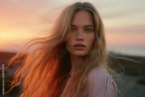 portrait of a woman/model with long pastel blonde hair in sunset setting in a fashion/beauty editorial advertisement magazine style film photography look hair dye - generative ai art
