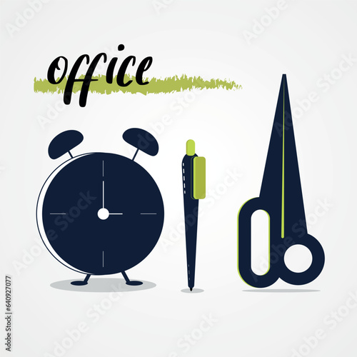 Office props (scissors, Pen, Alarm clock)