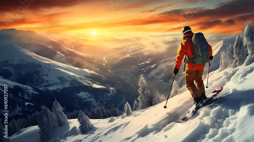 Alpenglow Majesty: Skiers on Summit at Sunset in the Mountains, generative ai 