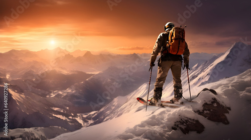 Snowboarder on top of a mountain during sunset, generative ai 