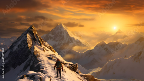 Embracing Winter Wonders: Hiker's Adventure Amidst Snow-Covered Alpine Peaks and Majestic Mountain Landscapes, generative ai 
