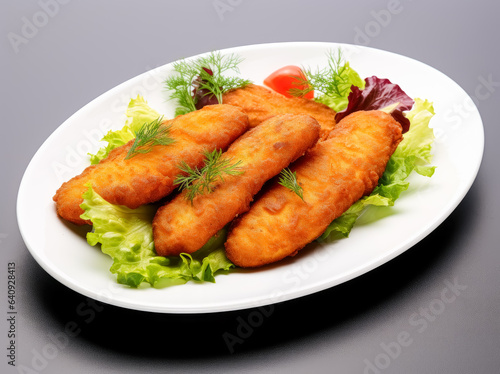 Fried fish sticks on a white plate with salad and dressing on a plate.