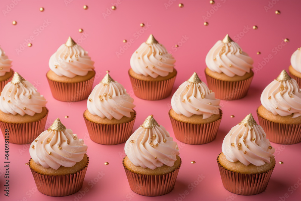 A vibrant and playful pattern of sweet, pastel cupcakes sprinkled with sugary icing adorns a tranquil pink surface. Retro food cake pattern. A vibrant and playful pattern of sweet, pastel cupcakes sprinkled with sugary icing adorns a tranquil pink surface. Retro food cake pattern.