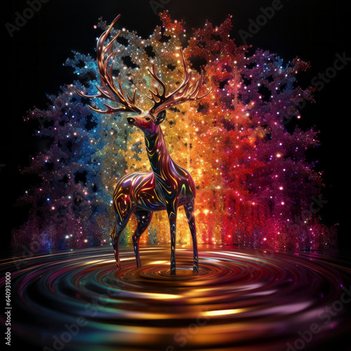 Aesthetic Santa's reindeer on a colorful holographic background. Fantasy, Christmas fairy tale and winter holidays concept. © lagano
