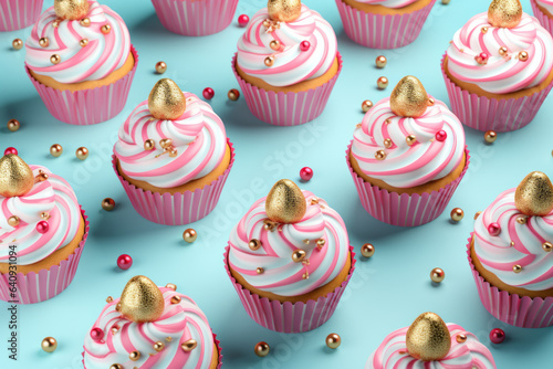 Wallpaper Mural A vibrant and playful pattern of sweet, pastel cupcakes sprinkled with sugary icing adorns a tranquil blue surface. Retro food cake pattern. Torontodigital.ca