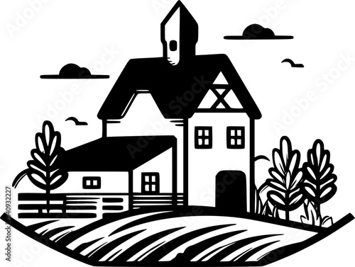 Farmhouse | Black and White Vector illustration