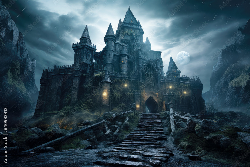 Dark Gothic haunted castle at mountains in rain on Halloween night