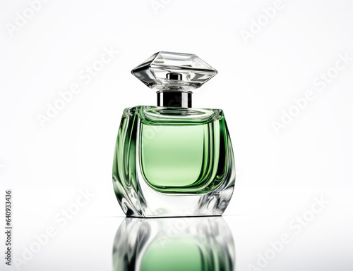 Isolated Green bottle of perfume , dark gray and indigo, glossy finish. 