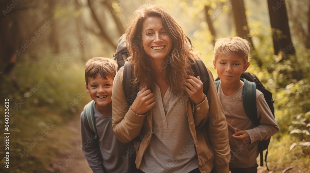 Photo of a woman and two boys walking through a peaceful forest