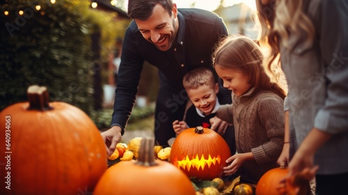 Photo of a man and two children admiring pumpkins in a pumpkin patch