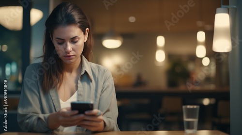 Photo of a woman engrossed in her phone at a table