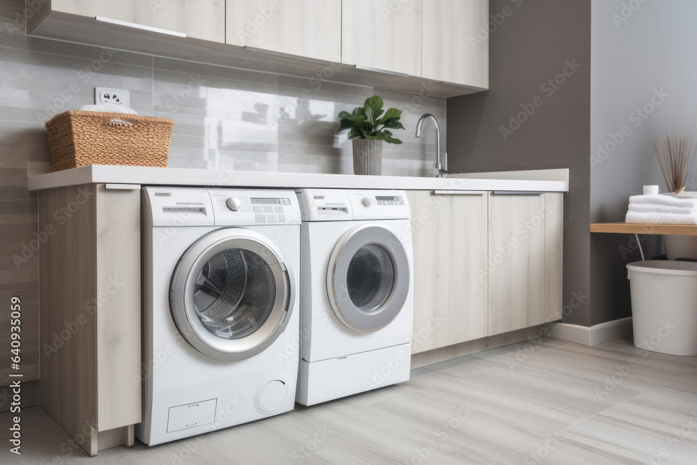 Efficient laundry experience with modern washer and dryer set in a white and brown laundry room, AI Generative. Efficient laundry experience with modern washer and dryer set in a white and brown laundry room, AI Generative.