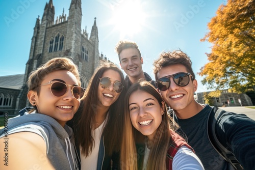 Cheerful Multicultural Students Posing Together Making Selfie Near University Building Outdoors. College Education Concept © InfiniteStudio