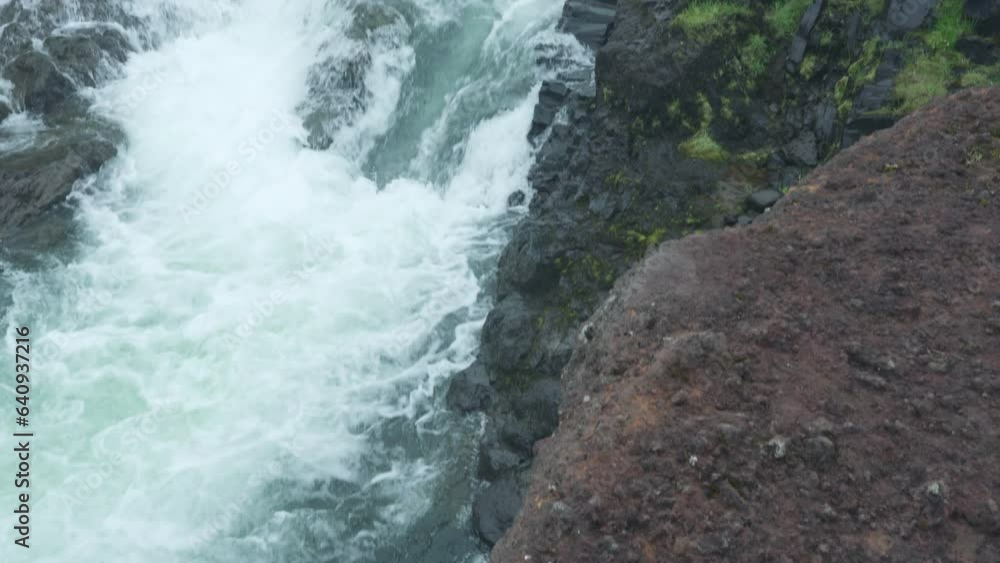 Scenery of Kolugljufur canyon with Kolufossar falls flowing in gorge and wildflower blooming at Iceland Scenery of Kolugljufur canyon with Kolufossar falls flowing in gorge and wildflower blooming at Iceland