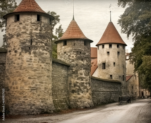 Large stone towers in Tallinn, medieval-inspired. 