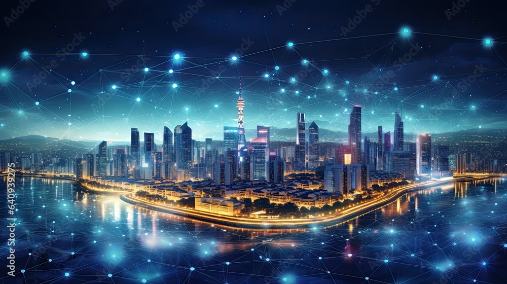 Big data connection technology. Cityscape telecommunication and communication network concept. Smart city and digital transformation