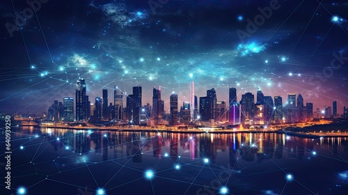 Big data connection technology. Cityscape telecommunication and communication network concept. Smart city and digital transformation © pinkrabbit