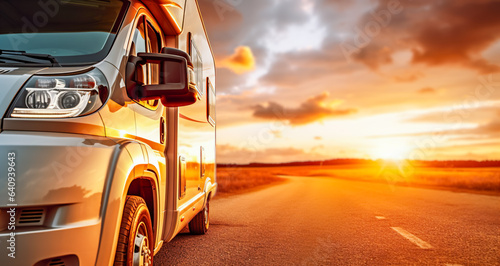 Family vacation travel RV, holiday trip in motorhome. Motorhome RV parked on the side of the road at sunset. Travelers with camper van are resting on an active family vacation, digital ai
