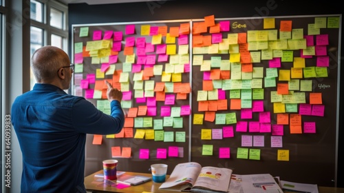 Web designer is working with brainstorming board full of sticky note from colleague