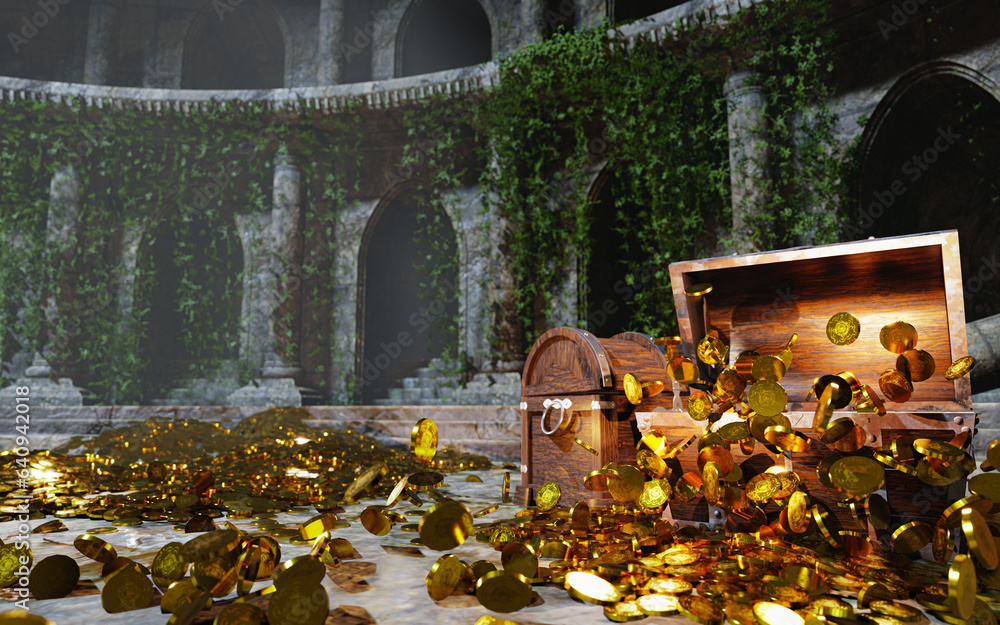 Treasury hall. treasure trove of gold coins And chests and treasure