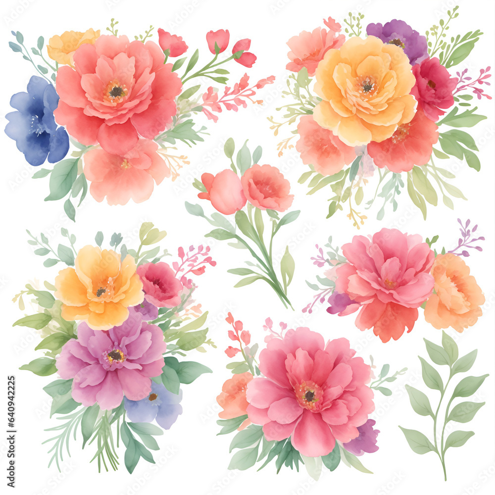 Set watercolor flowers painting, Flower bouquet colorful, flowers set for invitation, greeting card, decoration, Peony, ranunculus. Floral pastel watercolor arrangement. Isolated on white background.