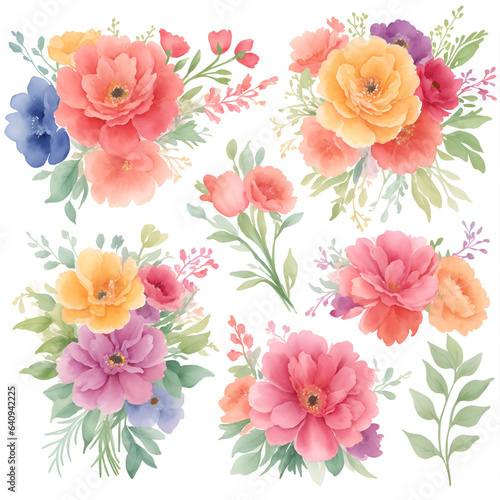 Set watercolor flowers painting, Flower bouquet colorful, flowers set for invitation, greeting card, decoration, Peony, ranunculus. Floral pastel watercolor arrangement. Isolated on white background. © chanjaok1